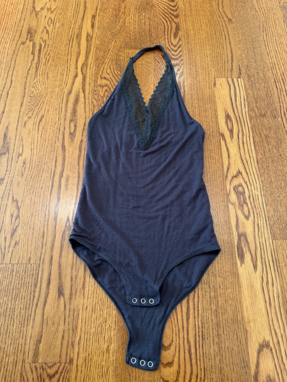 American Eagle Gray Lace Trim Halter Bodysuit